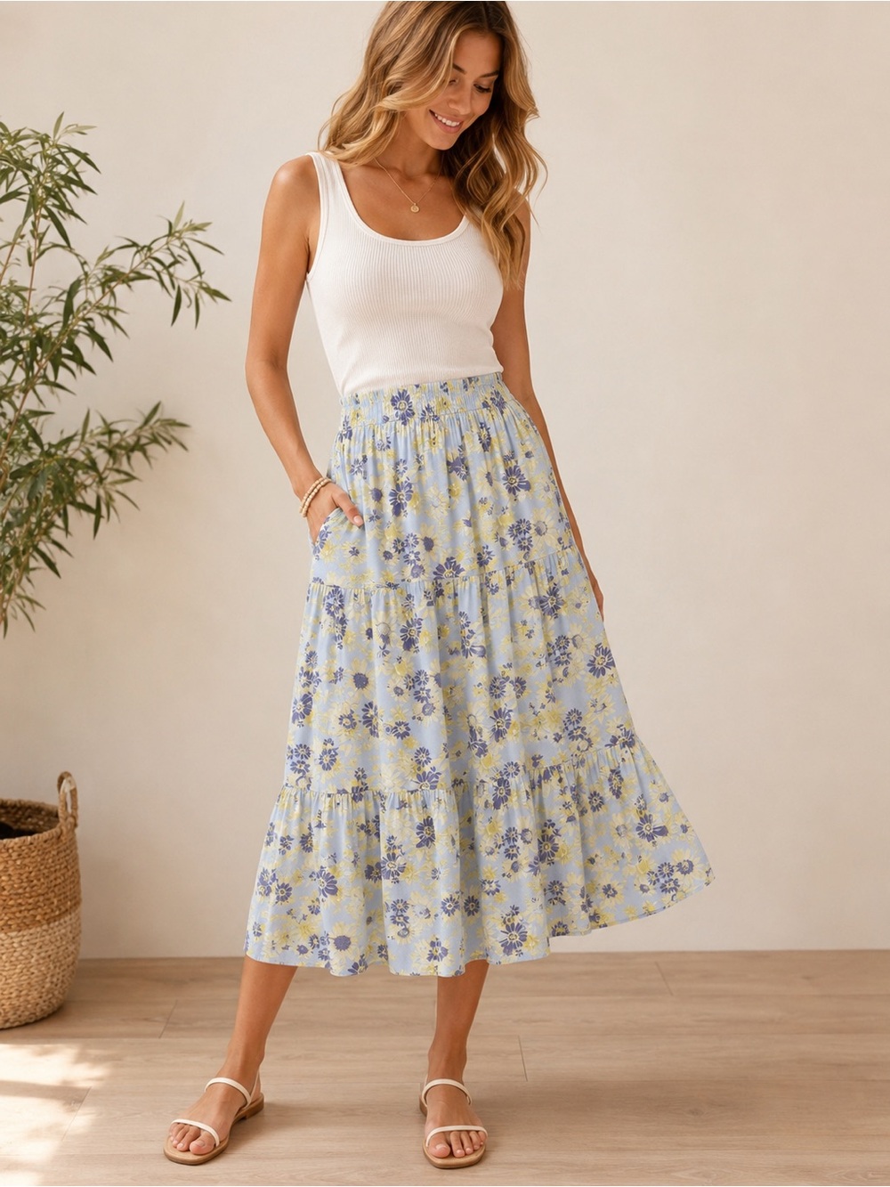 Rewind Floral Tiered Midi Skirt with Pockets | Blue & Yellow | XS